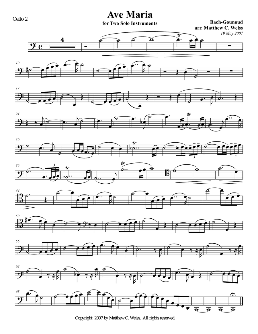 Ave Maria for Two Solo Instruments - Cello 2 Cello Solo scores gallery preview page 1