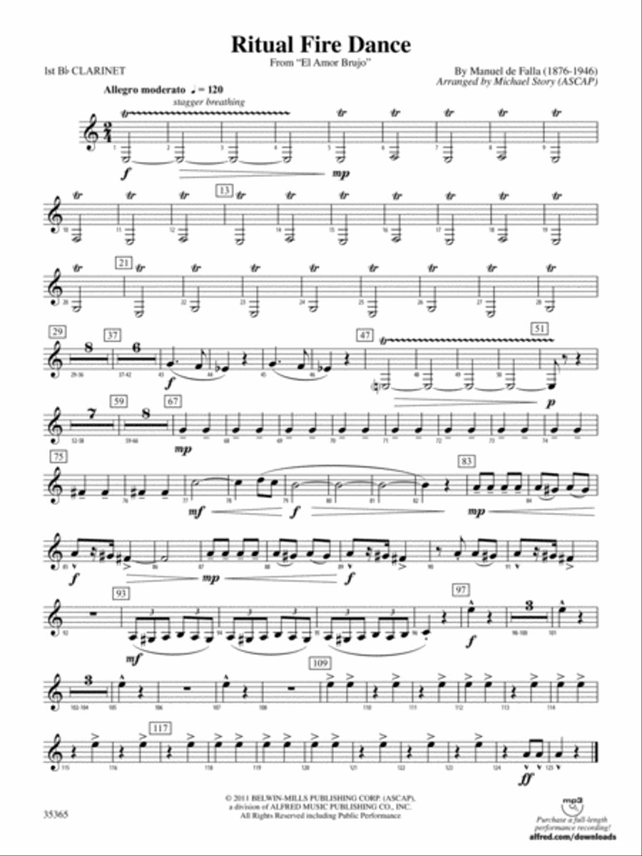 Ritual Fire Dance (From El Amor Brujo): 1st B-flat Clarinet Concert Band scores gallery preview page 1