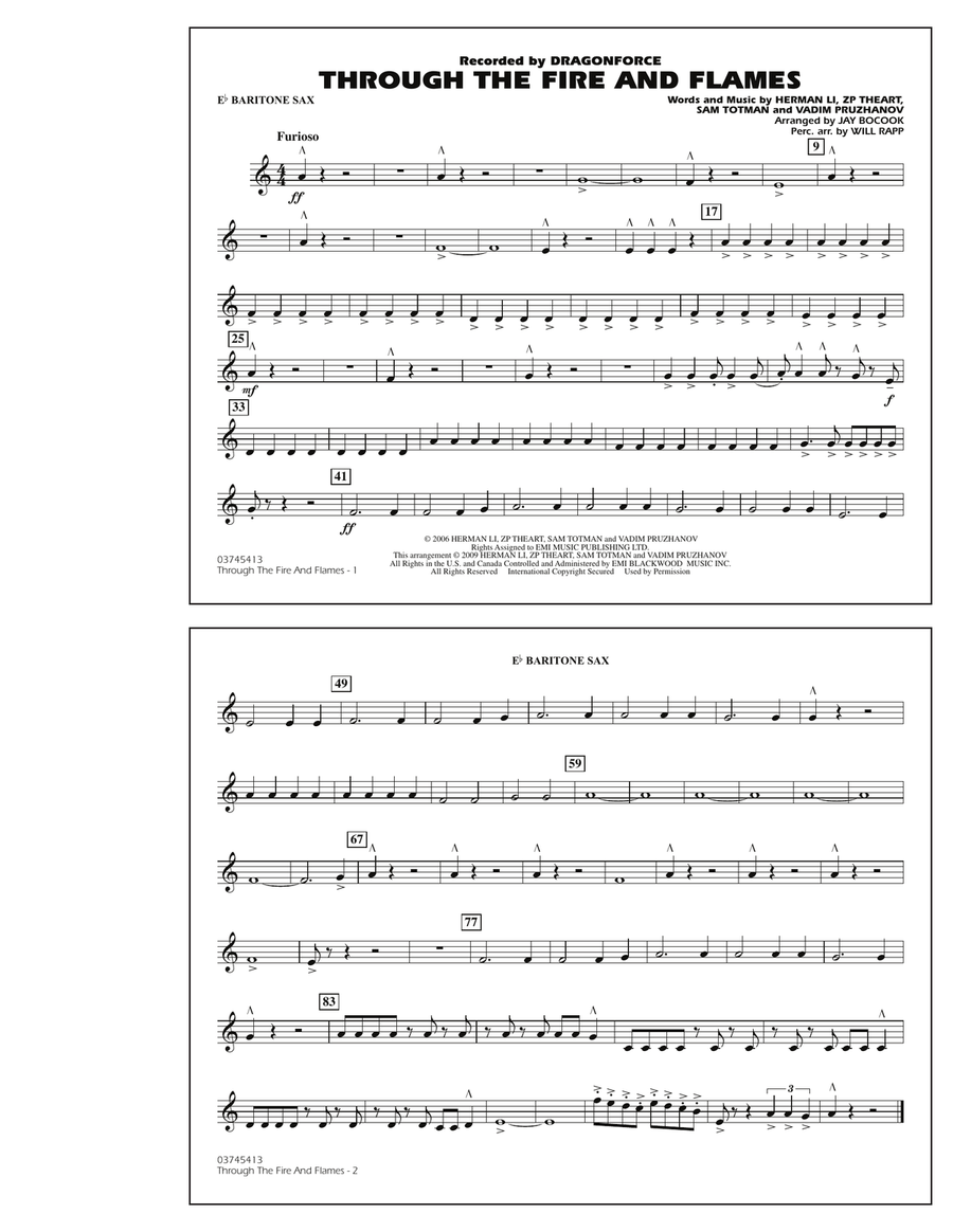 Through the Fire and Flames - Eb Baritone Sax Marching Band scores gallery preview page 1