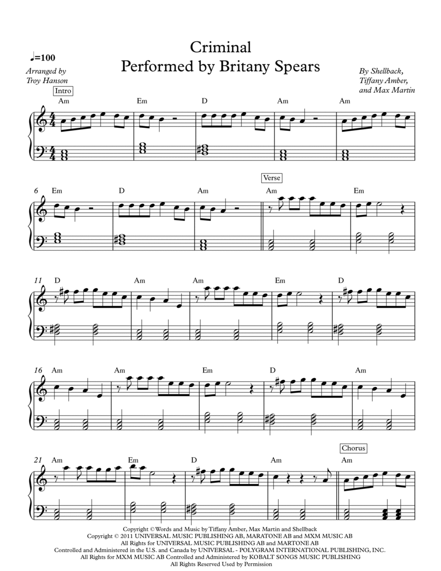 Criminal Easy Piano scores gallery preview page 1