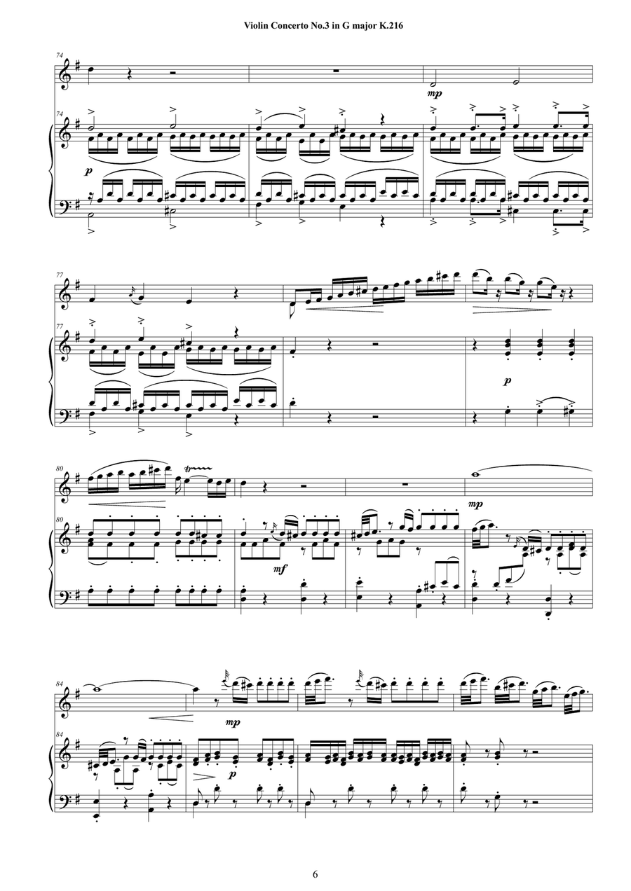 Mozart - Violin Concerto No.3 in G major K 216 for Violin and Piano - Score and Part Violin Solo scores gallery preview page 6