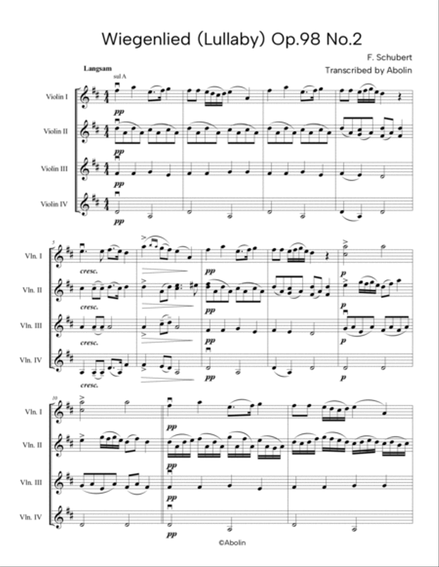 Schubert: Wiegenlied (Lullaby), Op.98, No.2, arr. for Violin Quartet String Quartet scores gallery preview page 2