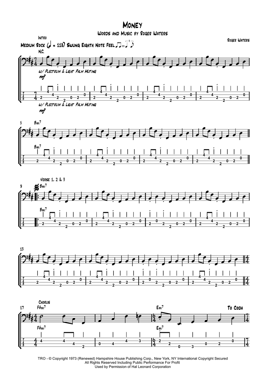 Money Bass Guitar Tablature scores gallery preview page 1