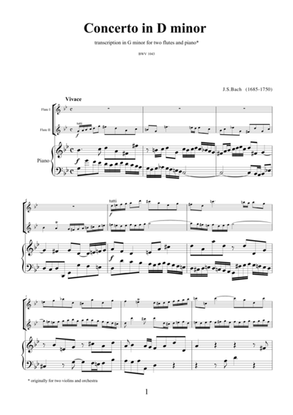 Concerto in D minor BWV 1043 (Double Concerto) by Bach, transcription for two flutes and piano