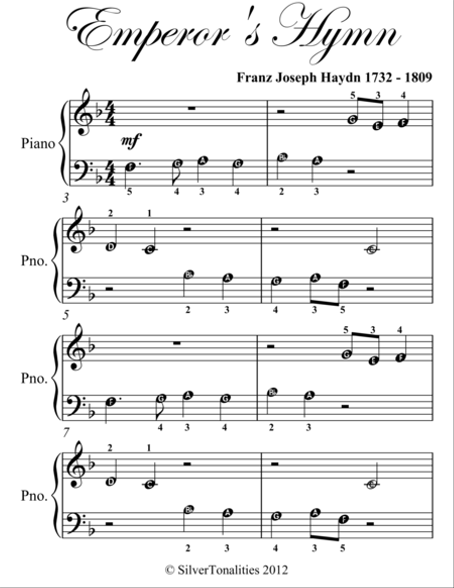 Emperor's Hymn Beginner Piano Sheet Music Easy Piano scores gallery preview page 2