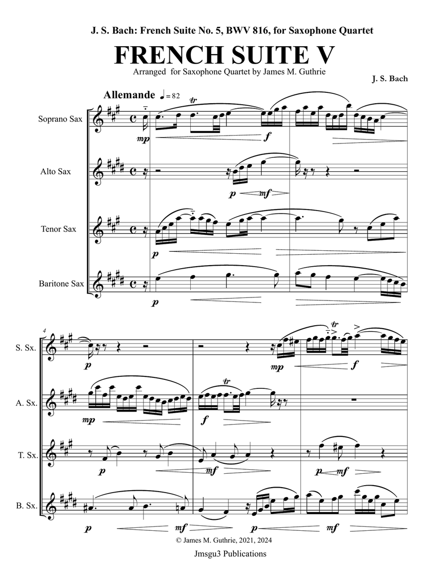 Bach: French Suite No. 5, BWV 816, for Saxophone Quartet - Score Only