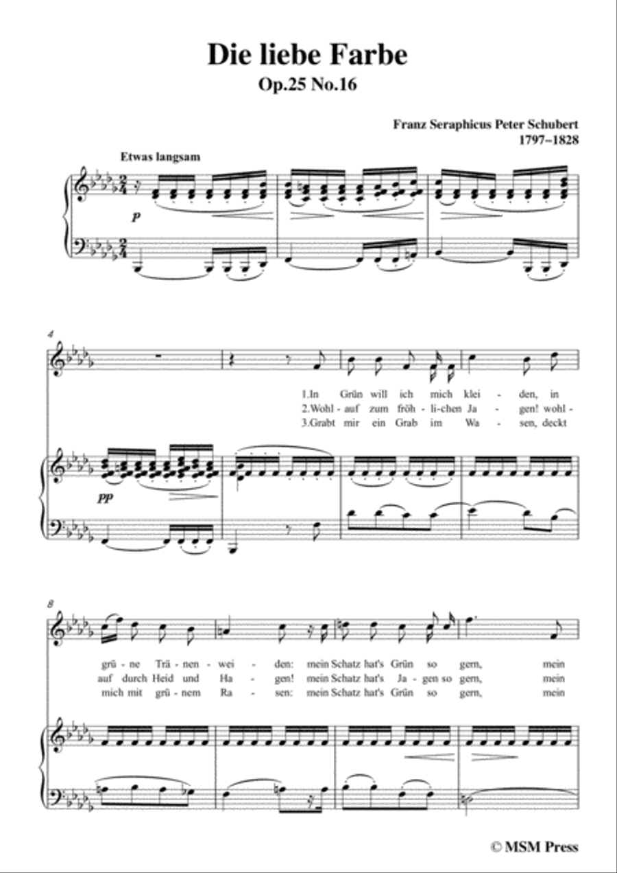 Schubert-Die liebe Farbe,from 'Die Schöne Müllerin',Op.25 No.16,in b flat minor,for Voice&Piano Voice scores gallery preview page 3
