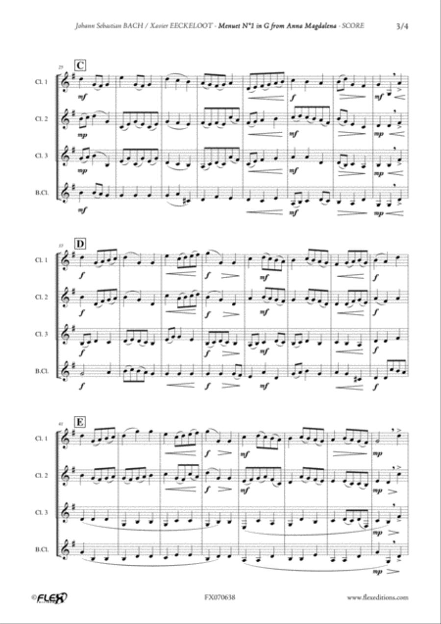 Menuet in G from Anna Magdalena Notebook Clarinet Quartet scores gallery preview page 3