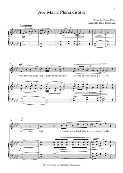 Ave Maria Plena Gratia, In Ab Major, For Mezzo-Soprano Solo or Baritone Solo With Piano