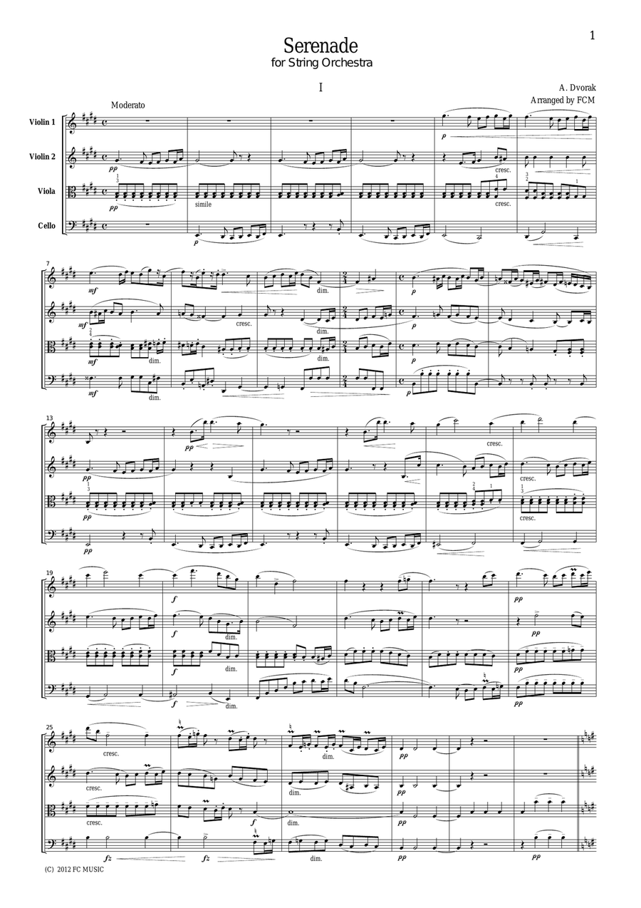 Dvorak Serenade for String Orchestra, 1st mvt., for string quartet, CD205 by Antonin Dvorak String Quartet - Digital Sheet Music