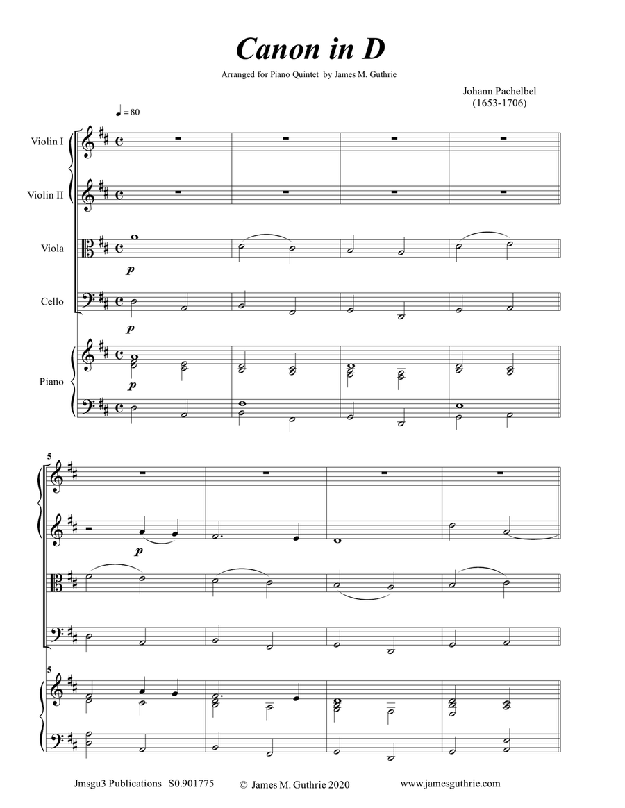 Pachelbel: Canon in D for Piano Quintet Piano Quintet scores gallery preview page 1