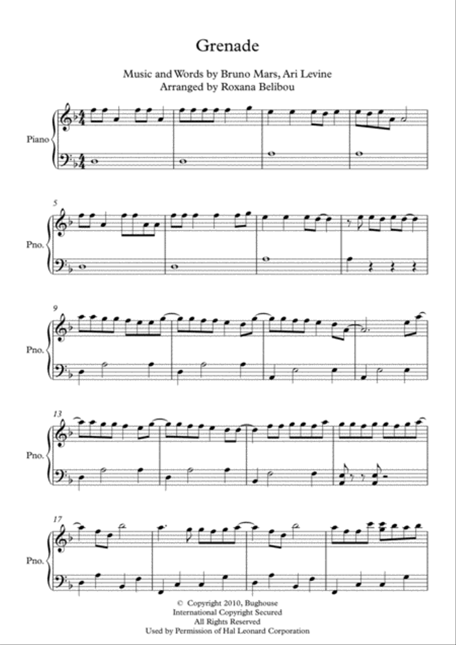 Grenade Easy Piano scores gallery preview page 1