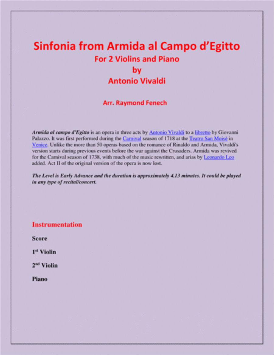 Sinfonia from Armida al Campo D'Egitto - 2 Violins and Piano - Early Advanced String Duet scores gallery preview page 2