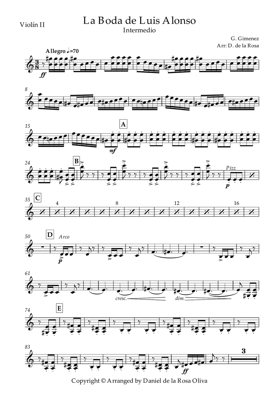 La Boda de Luis Alonso - G. Gimenez - For String Quartet (Violin II) String Quartet scores gallery preview page 2