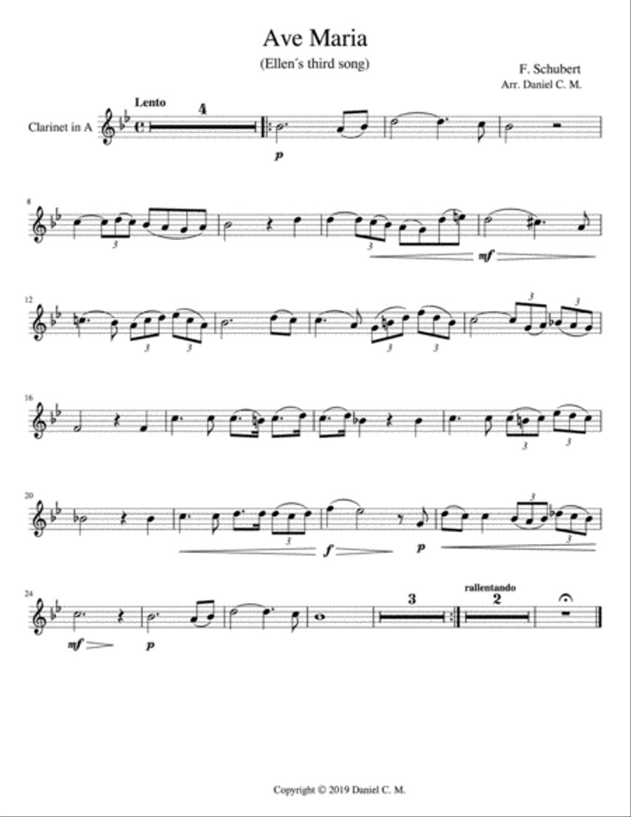 Ave Maria for A clarinet and piano A Clarinet scores gallery preview page 1