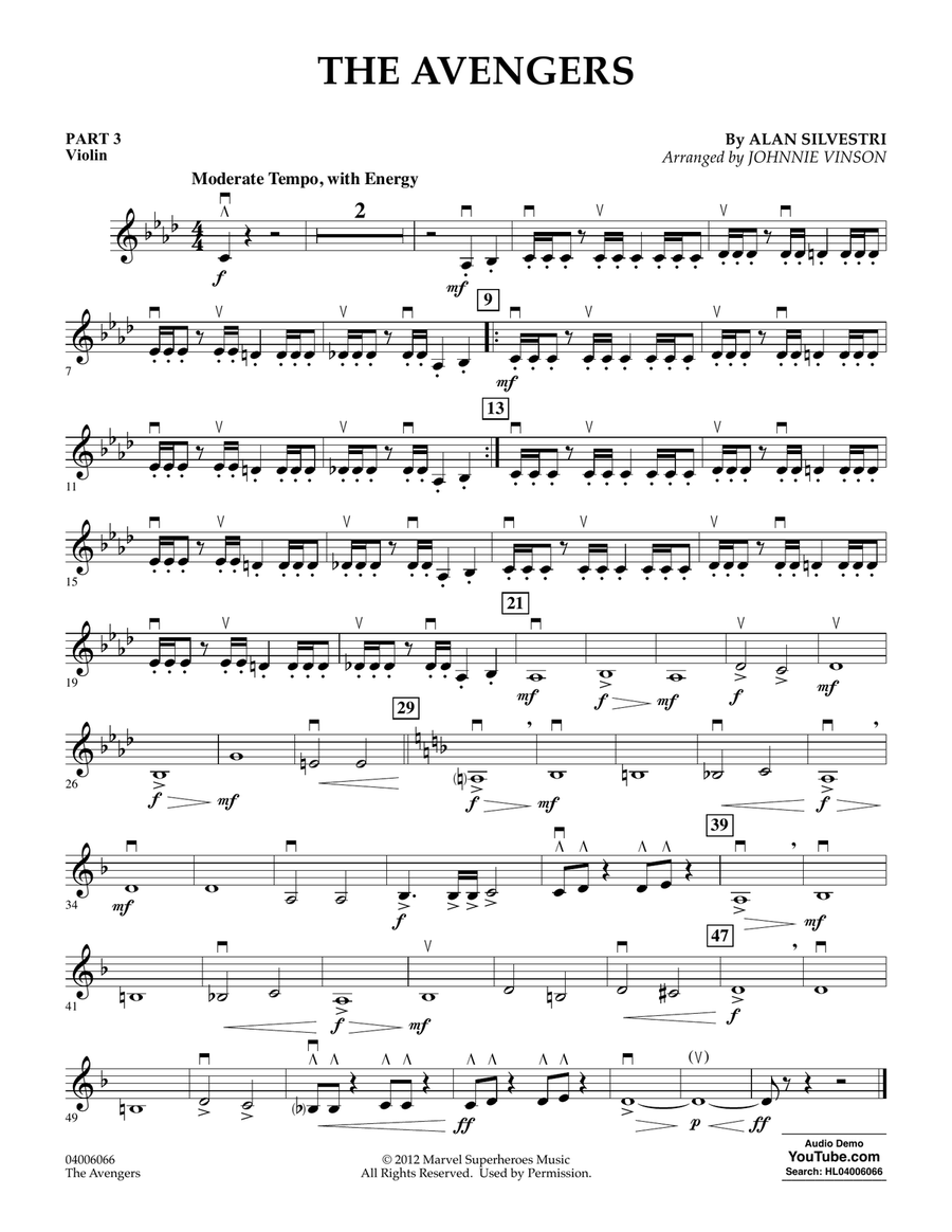 The Avengers (arr. Johnnie Vinson) - Pt.3 - Violin Concert Band scores gallery preview page 1