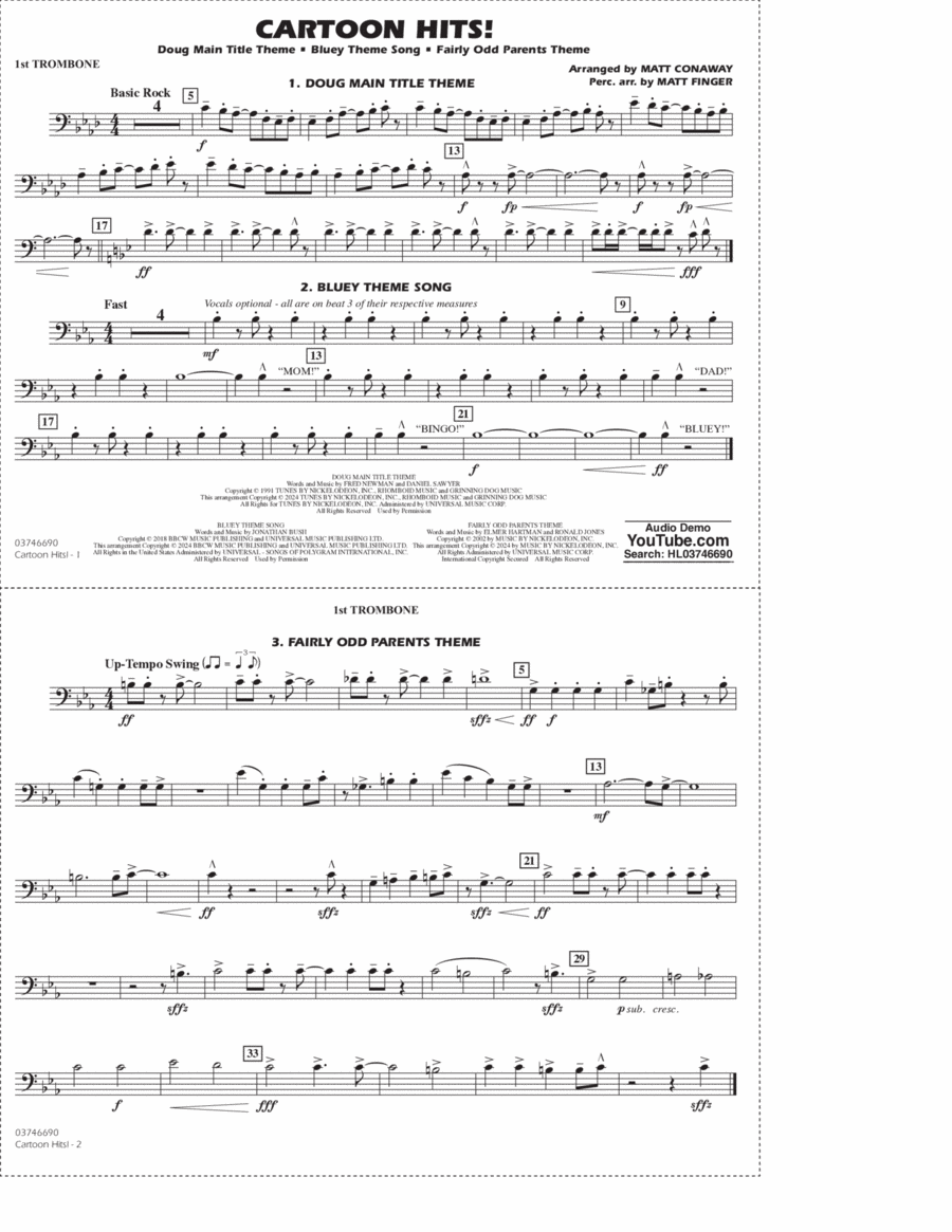 Cartoon Hits! - 1st Trombone Marching Band scores gallery preview page 1