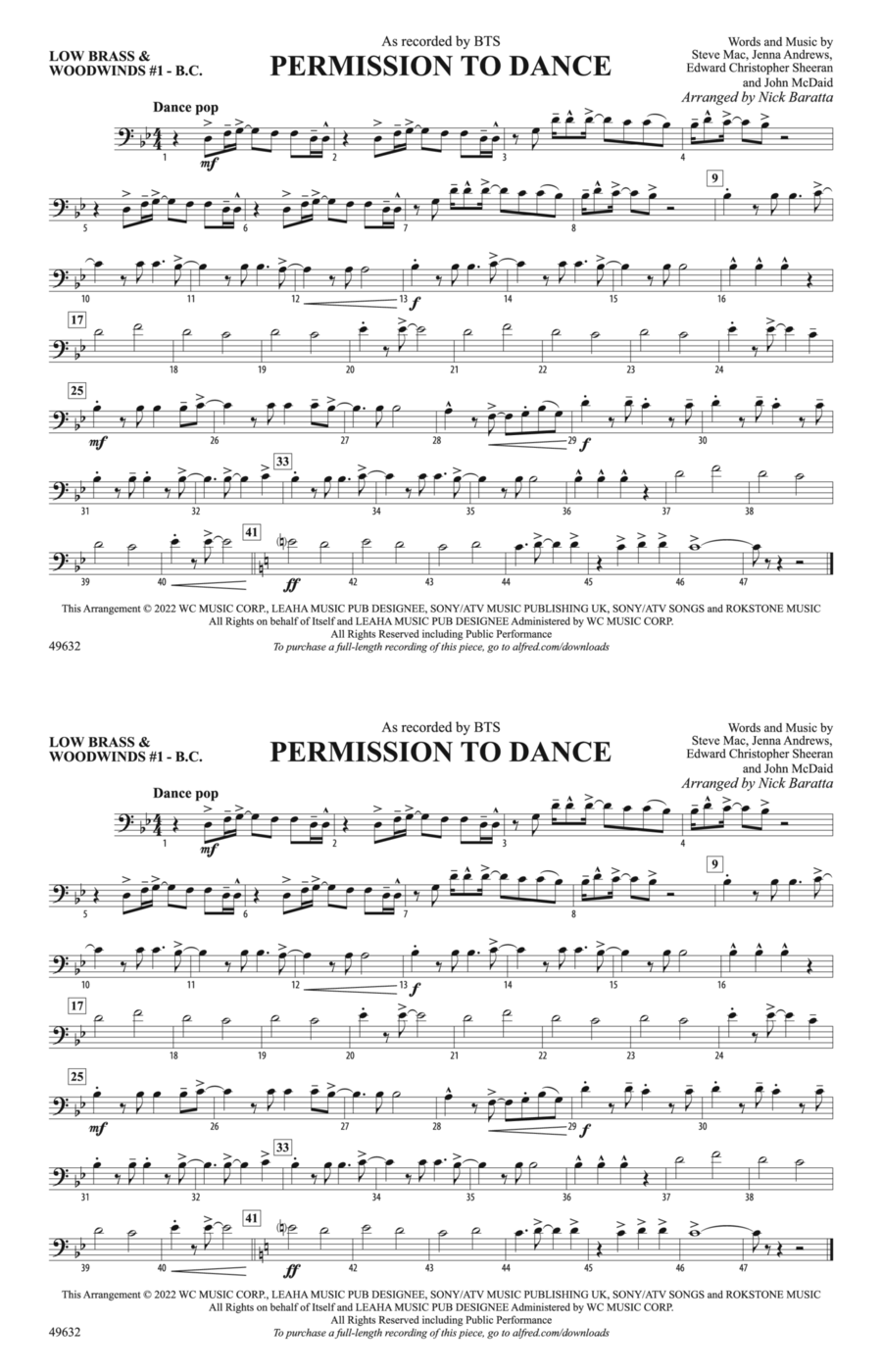 Permission to Dance: Low Brass & Woodwinds #1 - Bass Clef Marching Band scores gallery preview page 1