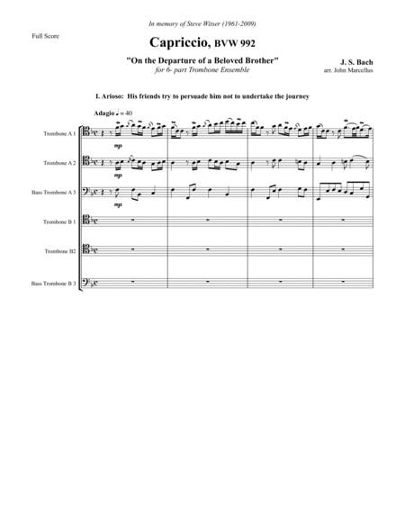Capriccio BWV 992 "On the Departure of a Beloved Brother" for 6-part Trombone ensemble