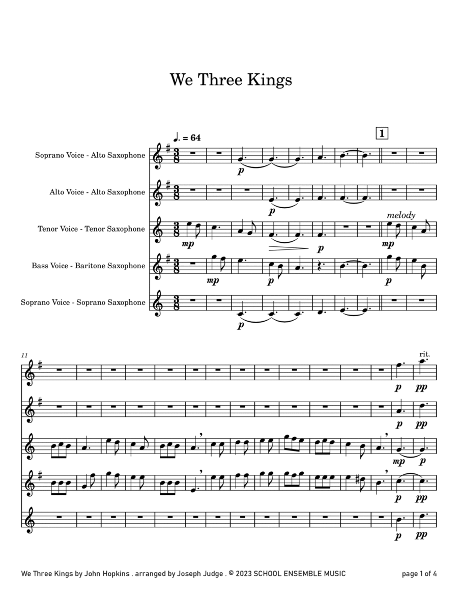 We Three Kings for Saxophone Quartet in Schools Saxophone Quartet scores gallery preview page 1