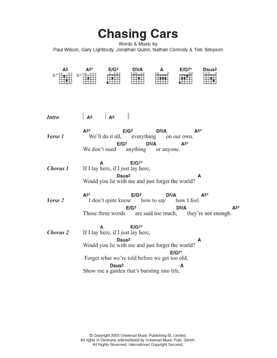 Chasing Cars Easy Guitar scores gallery preview page 1