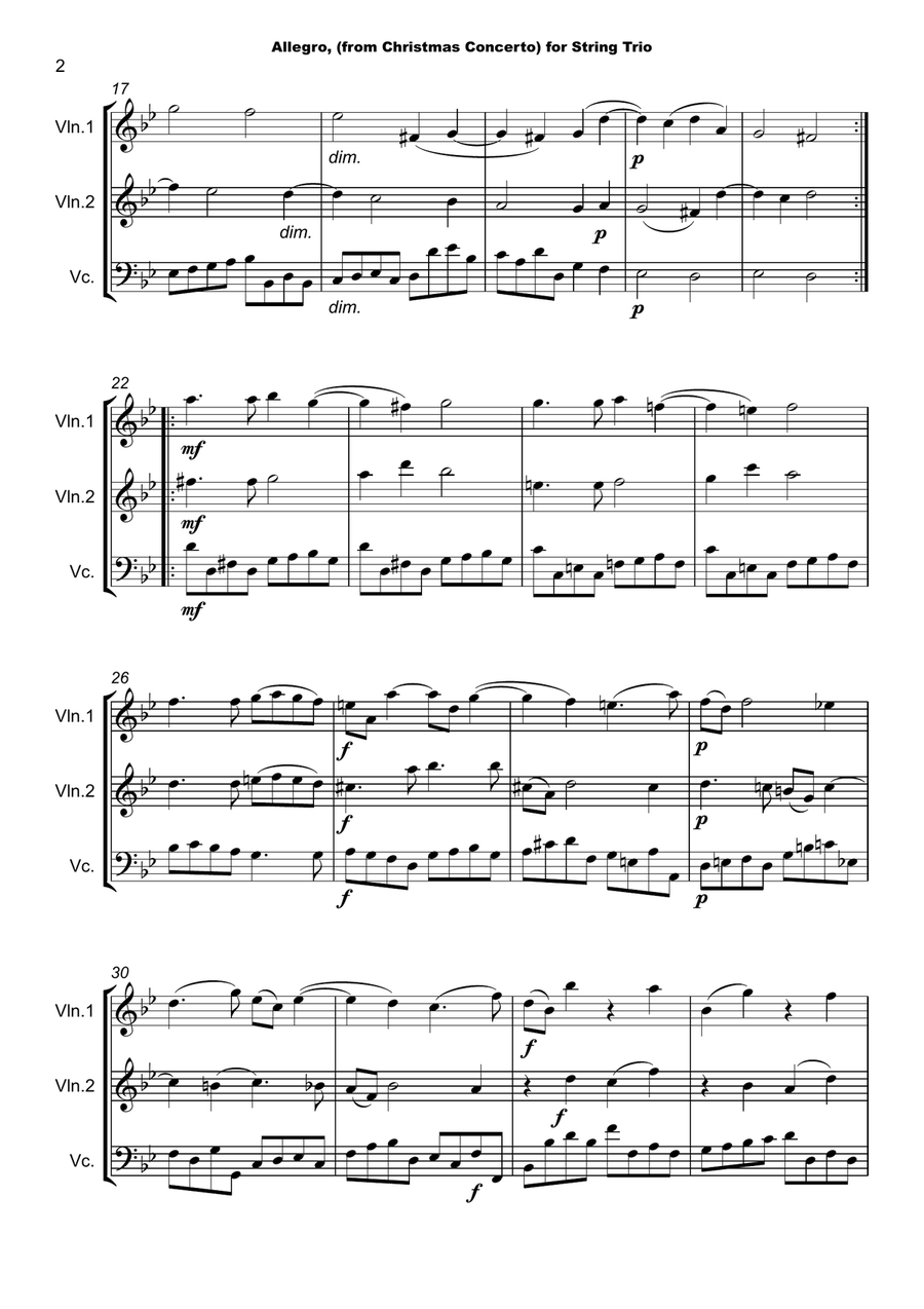 Christmas Concerto, Allegro, by Corelli; for String Trio, two Violins and one Cello String Trio scores gallery preview page 3