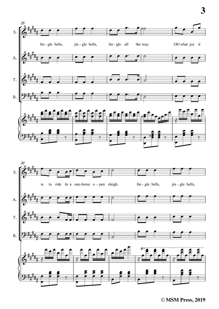 Pierpont-Jingle Bells(The One Horse Open Sleigh),in B Major,for Quatre Chorales 4-Part scores gallery preview page 5