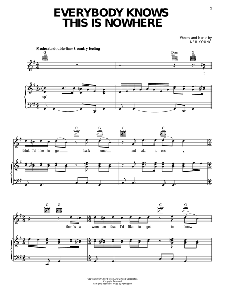 Everybody Knows This Is Nowhere Piano, Vocal, Guitar scores gallery preview page 1