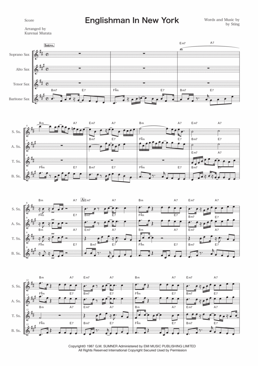 Englishman In New York Saxophone Quartet scores gallery preview page 1