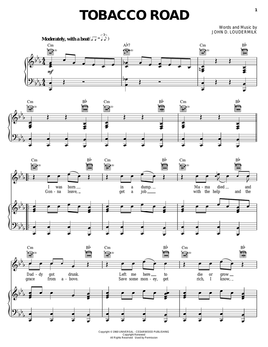 Tobacco Road Tobacco Road Piano, Vocal, Guitar scores gallery preview page 1