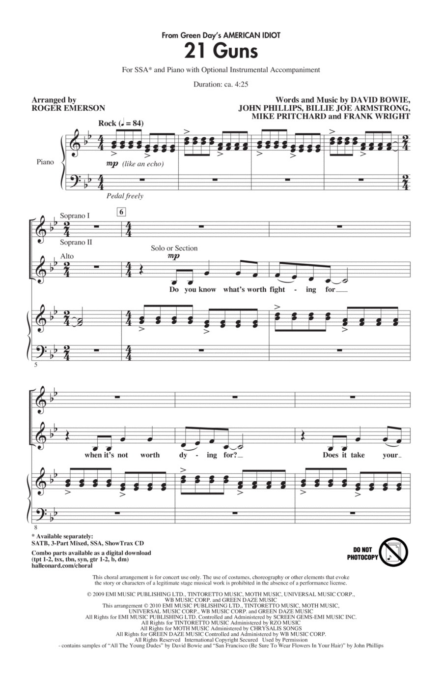 21 Guns (from Green Day's American Idiot) (arr. Roger Emerson) SSA scores gallery preview page 1