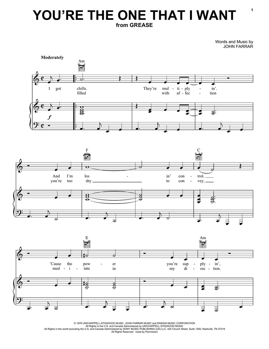 You're The One That I Want (from Grease) Piano, Vocal, Guitar scores gallery preview page 1