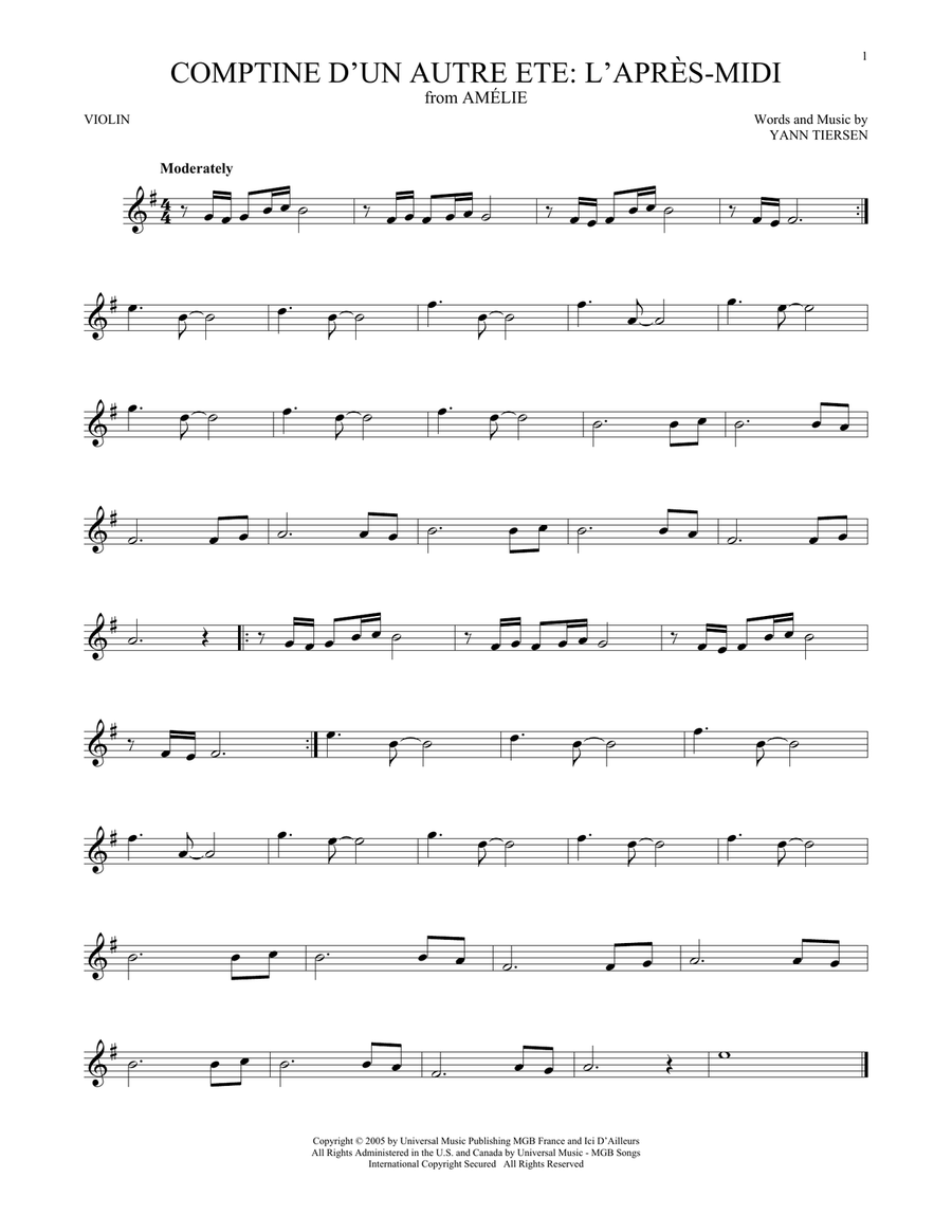 Comptine d'un autre été: L'après-midi (from Amelie) Violin Solo scores gallery preview page 1