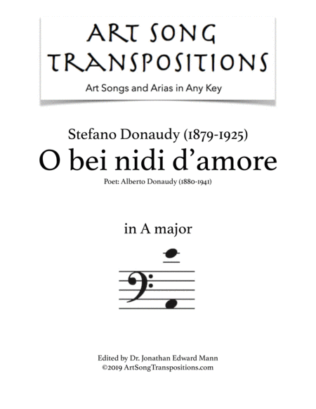 DONAUDY: O bei nidi d'amore (transposed to A major, bass clef)
