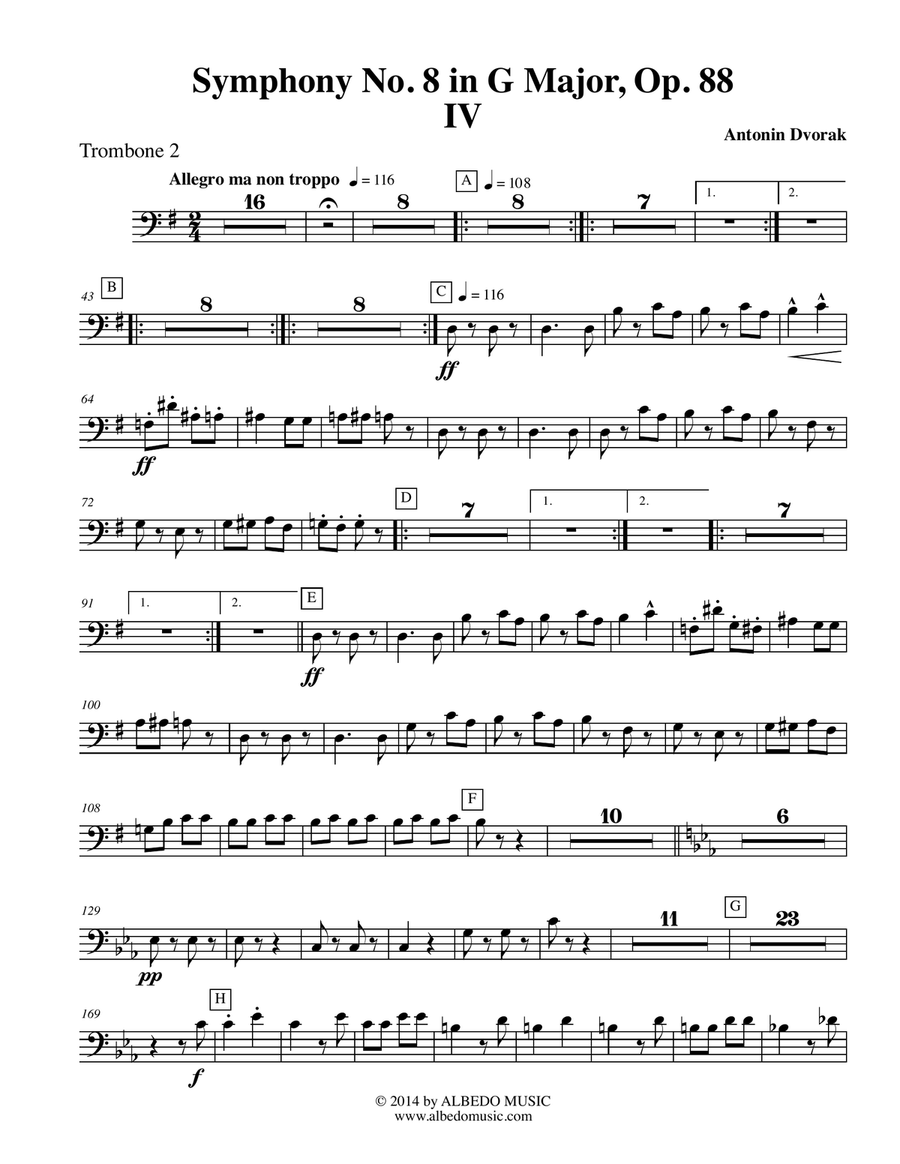 Dvorak Symphony No. 8, Movement IV - Trombone in Bass Clef 2 (Transposed Part), Op. 88 Trombone Solo scores gallery preview page 1
