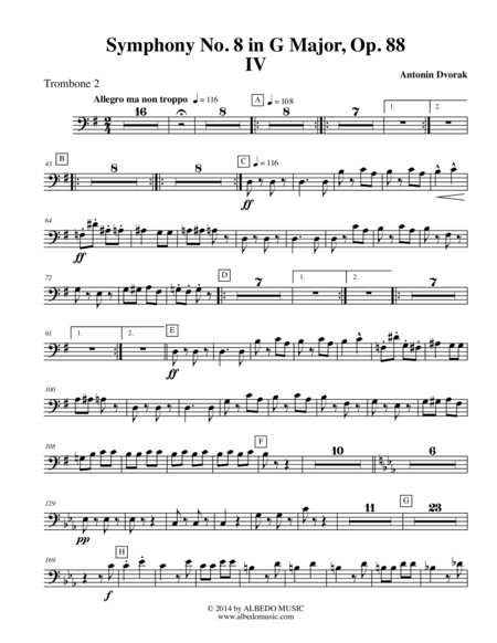 Dvorak Symphony No. 8, Movement IV - Trombone in Bass Clef 2 (Transposed Part), Op. 88