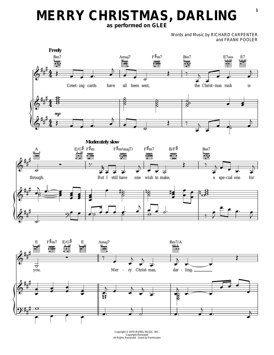 Merry Christmas, Darling Piano, Vocal, Guitar scores gallery preview page 1