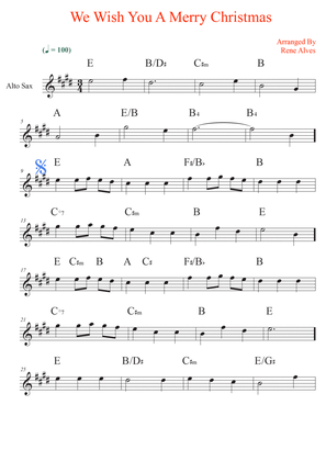 We Wish You A Merry Christmas, score and alto sax melody for the beginning musician (easy).