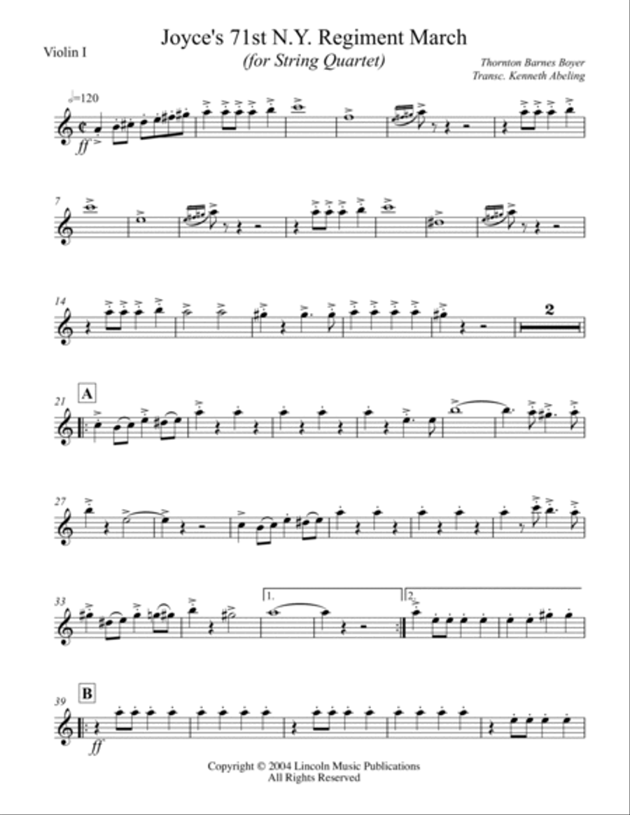 March - Joyce’s 71st N.Y. Regiment March (for String Quartet) String Quartet scores gallery preview page 6