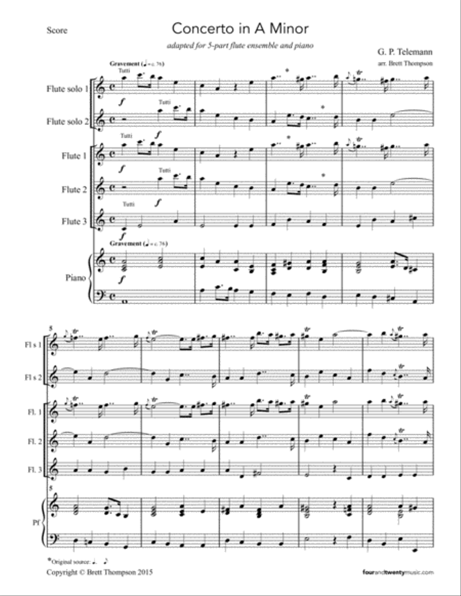 Concerto in A Minor, adapted for five flutes and piano Small Ensemble scores gallery preview page 2