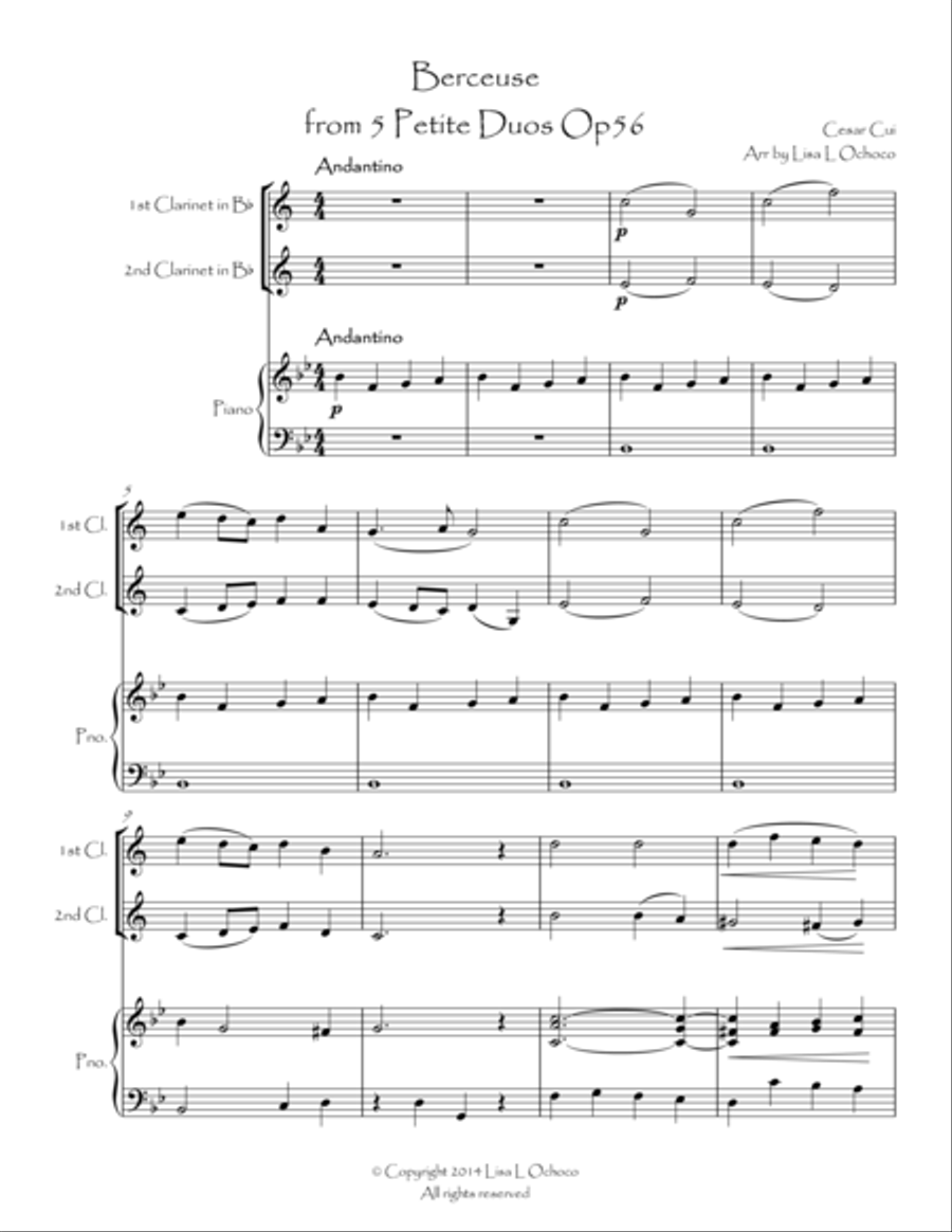 Berceuse from 5 Petite Duos Op56 for Clarinet Duet and Piano image number null