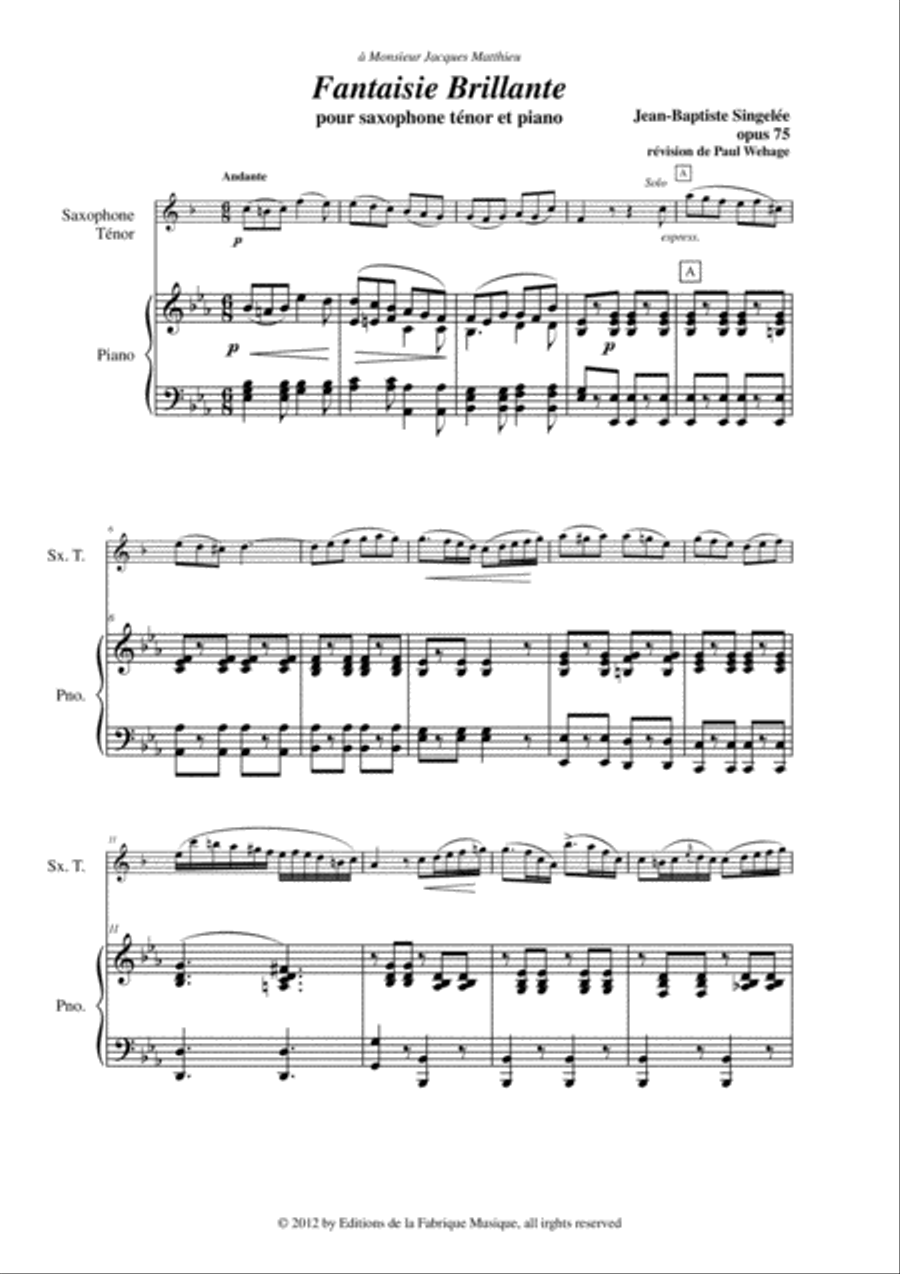 Jean Baptiste Singelee Fantaisie Brillante Opus 75 pour saxophone tenor et piano by Paul Wehage Piano Digital Sheet Music Sheet Music Plus