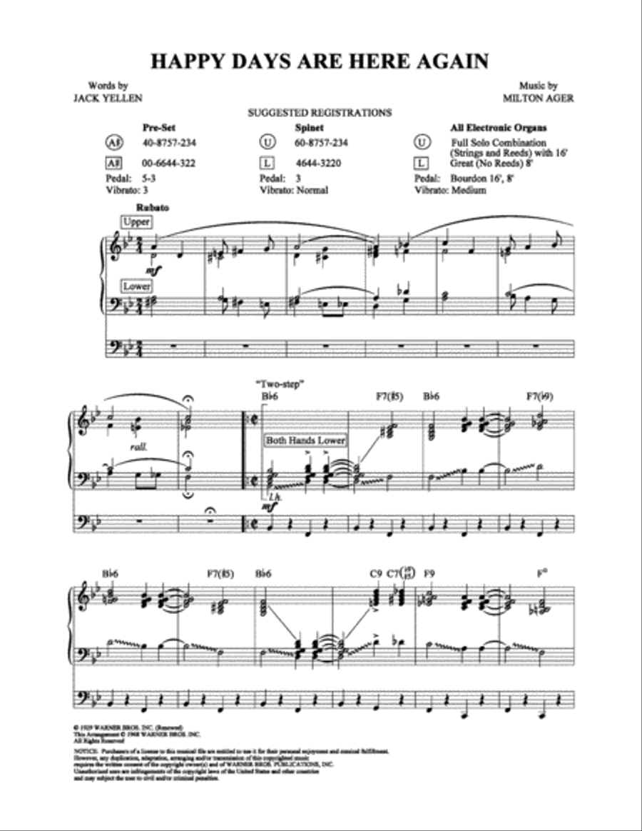 Happy Days Are Here Again Organ scores gallery preview page 1