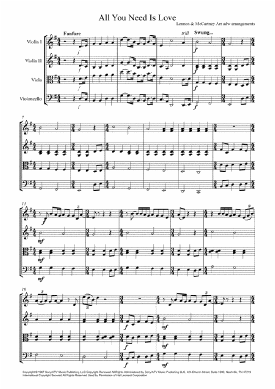 All You Need Is Love All You Need Is Love String Quartet scores gallery preview page 2