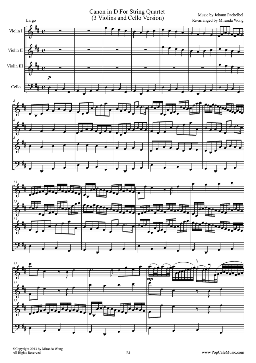 Canon in D - 3 Violins and Cello (Romantic Version) String Quartet scores gallery preview page 2