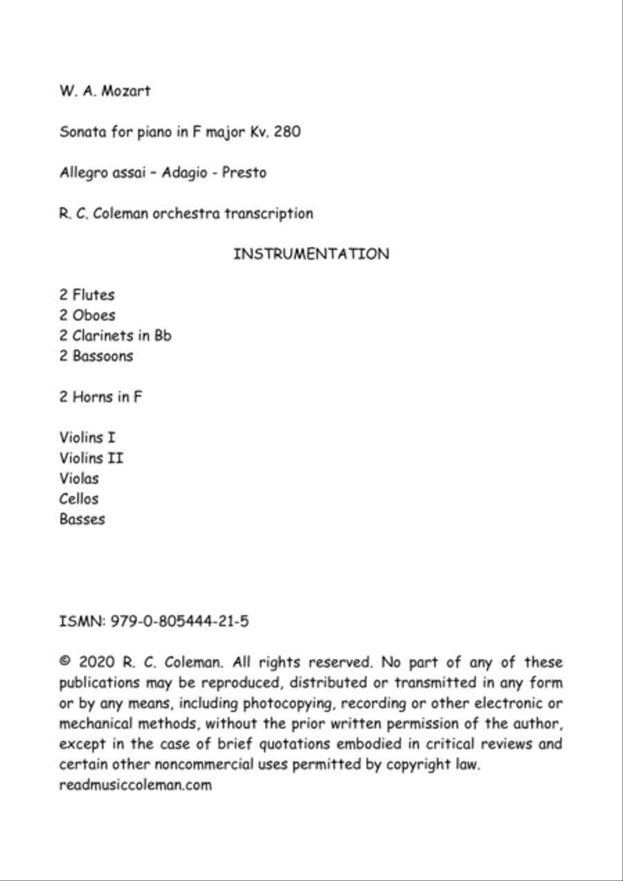 Mozart Sonata kv. 280 for Orchestra Chamber Orchestra scores gallery preview page 2