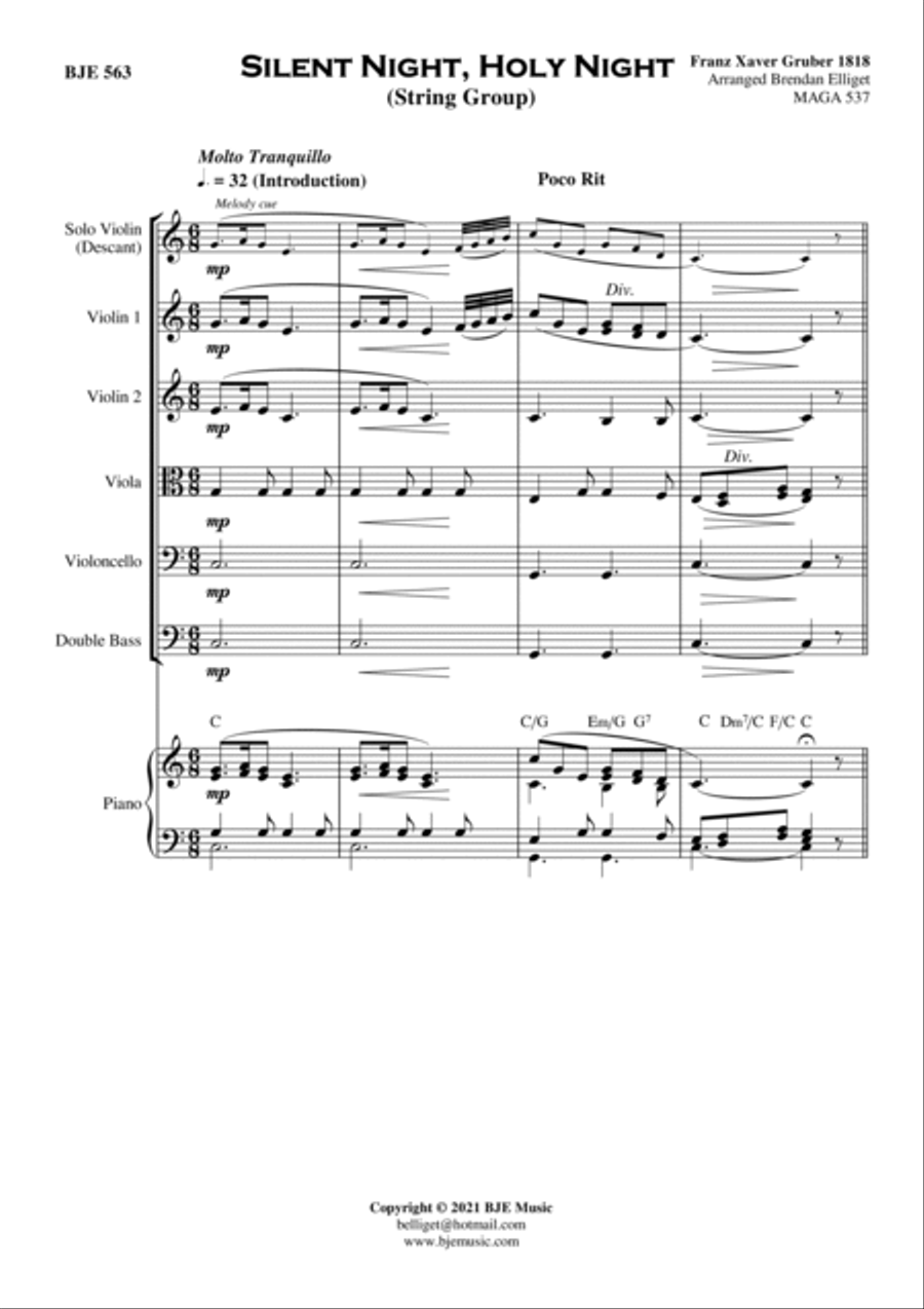 Silent Night, Holy Night - String Group (With Solo Descant Violin) and Piano Score and Parts PDF Chamber Orchestra scores gallery preview page 2