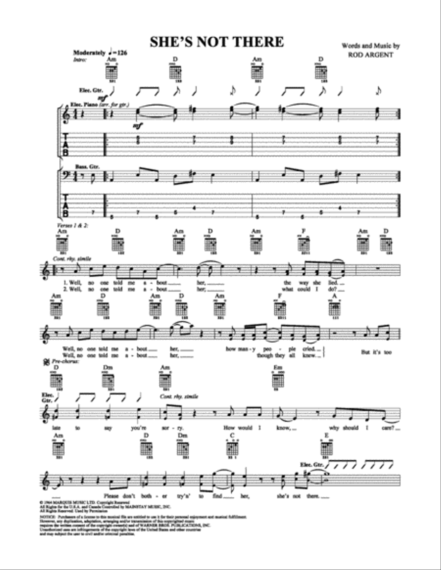 She's Not There Easy Guitar scores gallery preview page 1