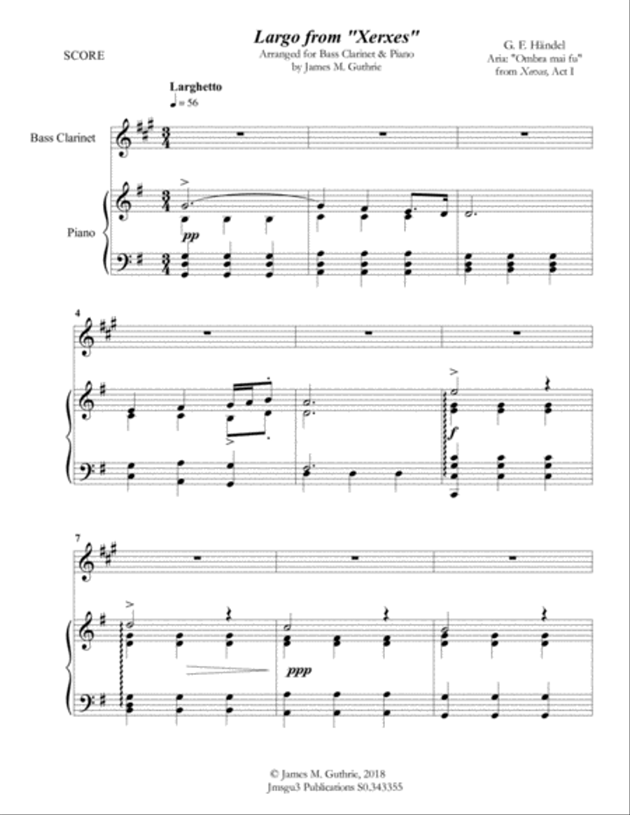 Handel: Largo from Xerxes for Bass Clarinet & Piano Bass Clarinet scores gallery preview page 1