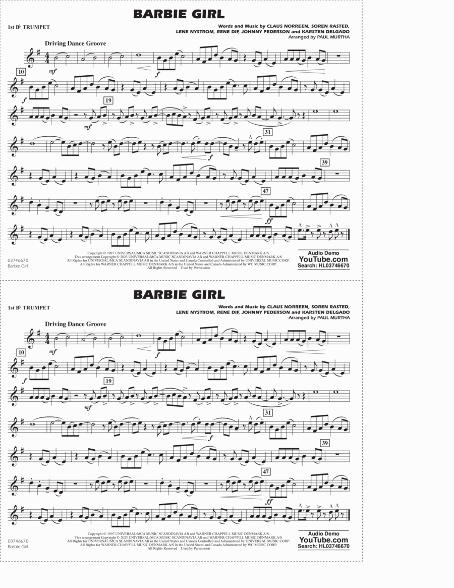 Barbie Girl (arr. Paul Murtha) - 1st Bb Trumpet Marching Band scores gallery preview page 1